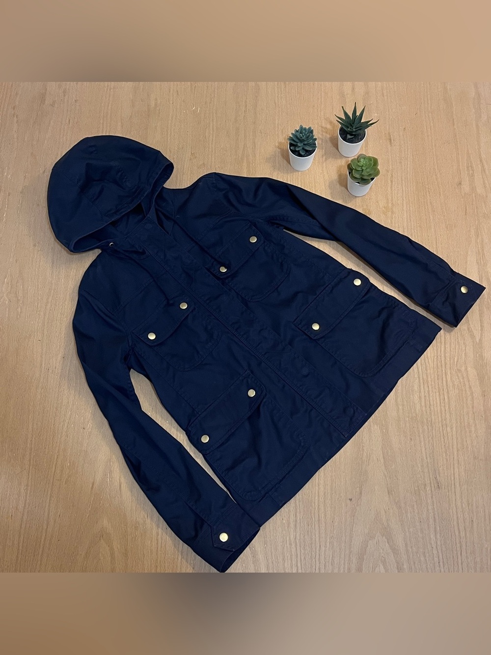 J.Crew Factory Resin-Coated Cotton Twill Jacket With Hood in Navy Blue